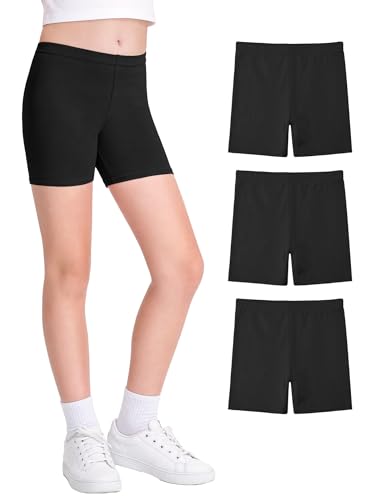 JOCMIC Girls Shorts Cotton Cycling for Teen Breathable and Safety Bike Summer Sports Gym Dance 3 Pack Black, 9-10 Years, Tag 140