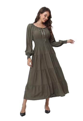 Image of OSTOO Women's 2026 Casual Long Sleeve Square Neck Smocked High Waist Flowy Maxi Dress,Boho Tiered Beach Party Dress