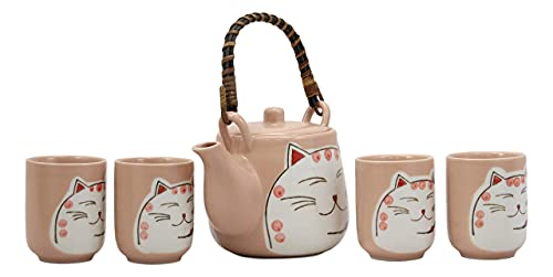 Ebros Gift Japanese Design Maneki Neko Lucky Beckoning Cat Matte Pink 20Oz Ceramic Tea Pot And Cups With Strainer Set Service For 4 Excellent Home Decor Teapots Housewarming Birthday Feline Cats Gifts #TOP2