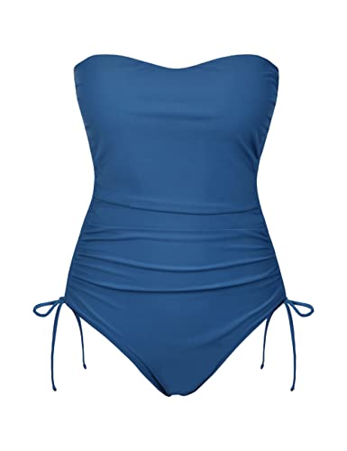 Firpearl Women's Bandeau One Piece Swimsuits Slimming Tummy Control Swimwear Side Drawstring Ruched Bathing Suits Aquamarine Blue Us18 #TOP4