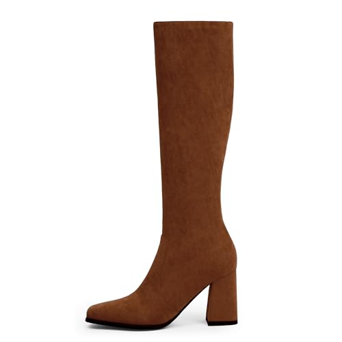 Image of Modatope Knee High Boots Women Chunky Heel Square Toe Fashion Tall Boots | Side Zipper pu Leather Tall Boots,Chunky Heel 70s Gogo Boots,Fashion Heeled Fall Winter Boots,Long Dressy Boots for Women