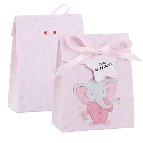 50Pcs Eléphant Sachets Anniversaire Douche Bébé Boîte à Dragées Bonbons Baptême Pochettes Cadeau Bonbonnière Rose avec Etiquettes à Cordes pour Enfant Fête Communion Baby Shower Mariage