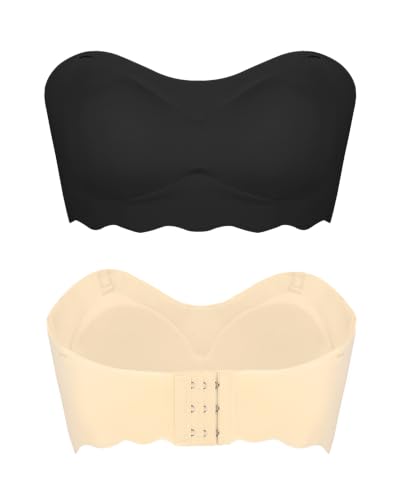 Teen Strapless Bandeau Bra for Girls 10-12 12-14 14-16 | Wireless Bralette with Adjustable Clear Straps & Removable Padded (US Alpha One Size Regular Black-Nude)