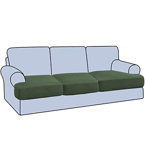 H.VERSAILTEX Stretch 3 Piece T Cushion Sofa Slipcovers Individually Sofa Cushion Covers for 3 Cushion Couch Sofa Seat Cushion Covers with Elastic Bands Featuring Thicker Jacquard Fabric, Bronze Green