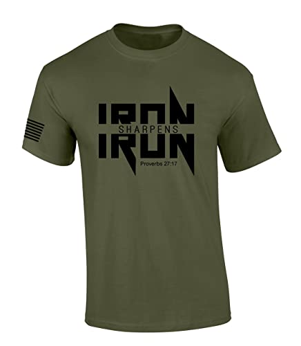 Iron Sharpens Iron Proverbs 27:17 Heavy Metal Logo Bible Scripture Mens Christian Tshirt Jesus Cross Short Sleeve T-Shirt Graphic Tee-Military Green-XL