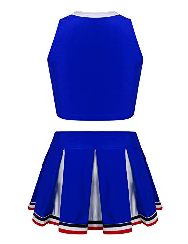 QinCiao Kids Girls Cheer Leader Uniform Cheerleading Costume School Musical Sleeveless Crop Top with Pleated Skirt Set Blue 12 - Thumbnail 4