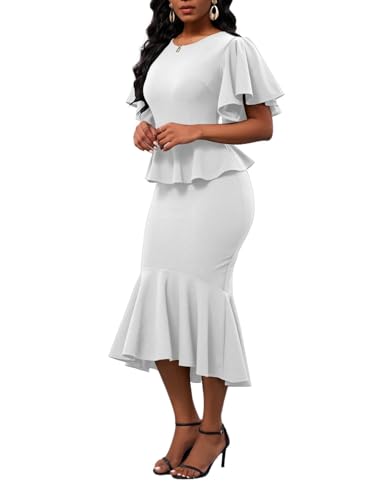 Image of Womens Summer Ruffle Short Sleeve Fishtail Dress Evening Cocktail Formal Peplum Midi Mermaid Dresses Elegant