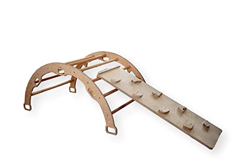 Montessori Kletterbogen | Kletterbogen mit Kissen & Rampe | Bogenwippe aus Holz für Kinder | Groß Kletterbogen mit Kissen und Leiter Rampe oder Felswand Rampe (Bogen mit Felswand Rampe)