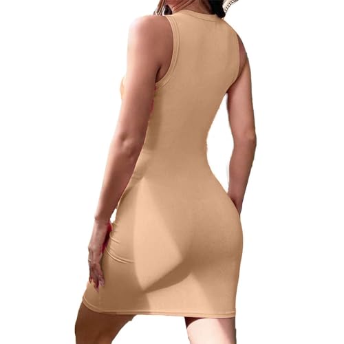 Image of Solid Sleeveless Round Neck Ribbed Western Bodycon Dress For Women