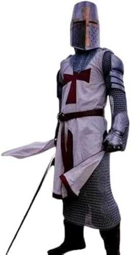 Medieval Knight Templar Armor Costume Set, 18-Gauge Steel, Silver Finish, Complete Outfit for Cosplay & Display