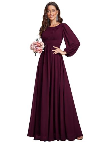 Ever-Pretty Damen Abendkleid Lang Elegant Maxi Hochzeit Lange Ärmel Chiffon Brautjungfernkleider Ballkleid Maulbeere 46