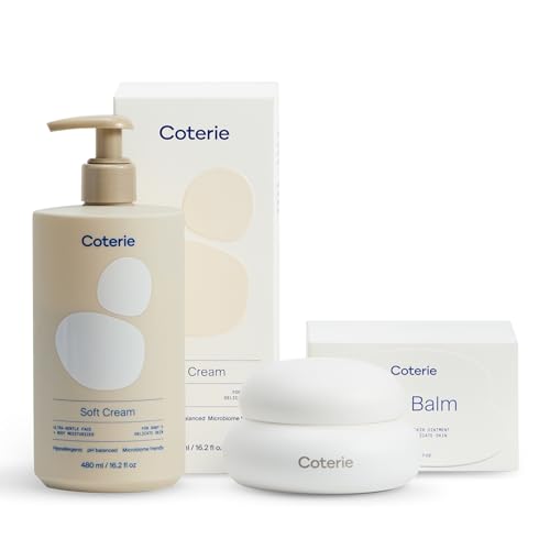 Image of Coterie Baby Dry Skin Skincare Essentials Set | 16.2 oz Face + Body Lotion, 4.7 oz Diaper + Dry Skin Balm | Fragrance Free, Safe for Sensitive Skin, Hypoallergenic, Microbiome Friendly, Eczema Safe