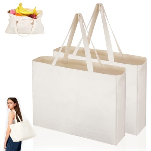 TranRantic 2 Piezas Bolsas de Tela, 45×35×8cm Bolsas de Lona Lisa, Bolsa de Algodón Grande Tote Bag Reutilizable para Mujeres, Bolsas de Yute con Asas Largas para Compras, Pintura, Bordado