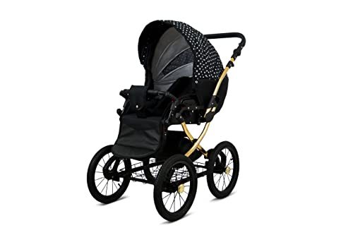 BabyLux Margaret Gold 3 in 1 Reisesystem Retro| Fussball + Auto Sessel mit Zubehör, Folie Regenschutz 14" Gepupft | Weiß Punkte