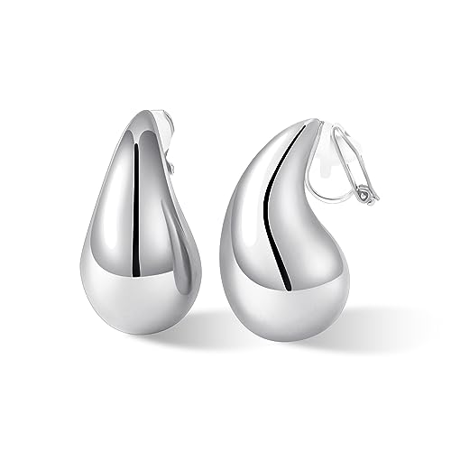 NVWAROCK Gold Drop Clip On Earrings Dupes Teardrop Chunky Non Pierced Earring 14K Real Gold Plated Hypoallergenic Lightweight Earrings for Women and Girl（Gold and Silver）