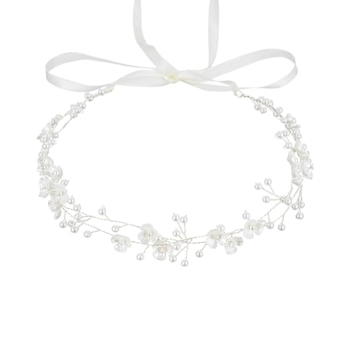527&huan White Flowers Pearls Bridal Headband Handmade Silver Wire Woven Wedding Hair Vine with Satin Ribbon Lightweight Wedding Hair Accessory for Bride Flower Girl Bridesmaid Prom Pageant