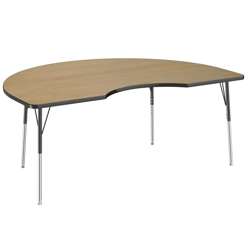 Image of FDP Kidney (48 x 72 inch) Collaborative Classroom Table with Adjustable Standard Swivel Glide Legs (19-30 in); School and Office Furniture - Pasadena Oak Top /Black Edge and Legs