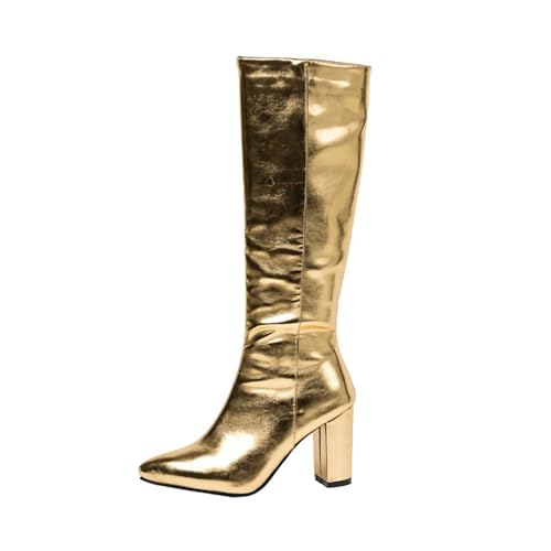 YHSMK Women's Pointed Toe High Boots, Fashion Autumn Winter Block Heel Side Zipper Long Boots For Party, Shopping Or Daily Wear(Gold,8 UK)