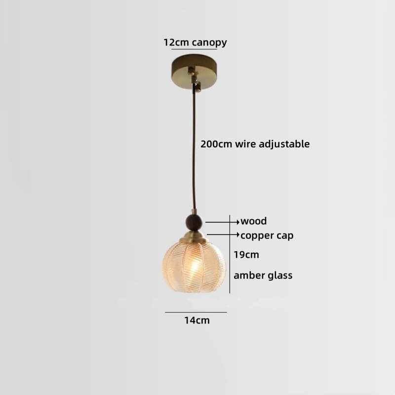 Genérico Luz colgante, Lámpara colgante LED de vidrio ámbar, accesorios iluminación for pasillo, dormitorio, tapa cobre madera, lámpara estilo japonés