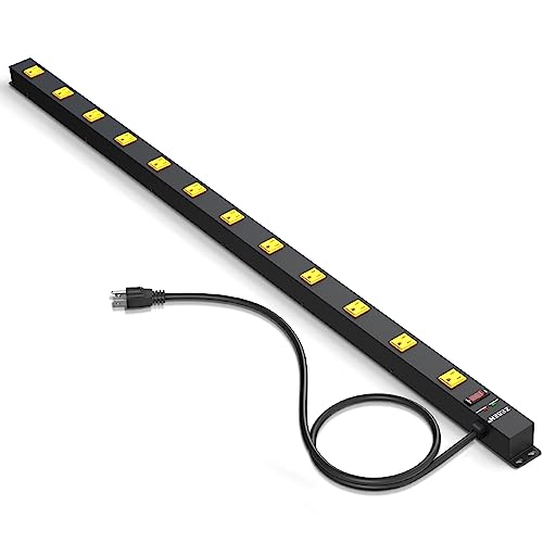 Image of 12 Outlet Long Power Strips Heavy Duty Wide-Spaced Outlets Industrial Power Strip Surge Protector with 4ft Cord for Garage Workshop Office Home, ETL Certified, 1875W, Black