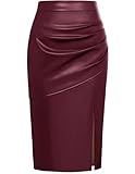 Kate Kasin 2024 Women's Faux Leather Skirts Front Slit Ruched Tummy Control High Waist Bodycon Midi Pencil Skirt S-XXL Wine