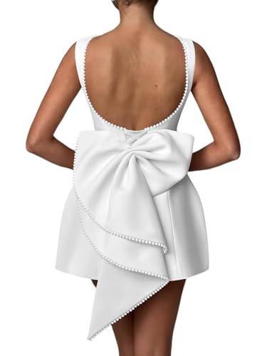 Image of 2026 Satin Dresses for Women A-line Mini Bow Back Cocktail Dress Sleeveless Evening Dress White 4