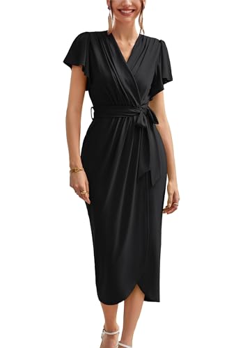 GRACE KARIN Women’s Short Sleeve Black Dress V Neck Wrap Ruffle Sleeve Bodycon Work Office