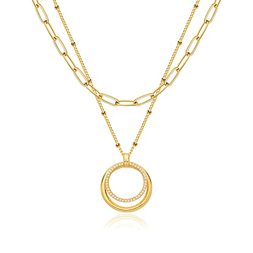Image of Fettero Pendant Necklace Gold Choker Layered Coin Open Karma Circle Full New Crescent Moon 14K Gold Plated Simple Dainty Necklaces for Women Jewelry Gift