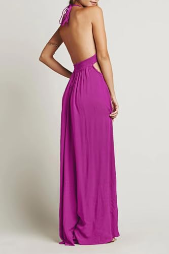 Image of R.Vivimos Boho Maxi Dresses for Women 2026 Summer Sleeveless Halter Elastic Waist Sexy Backless Front Slit Flowy Long Dresses