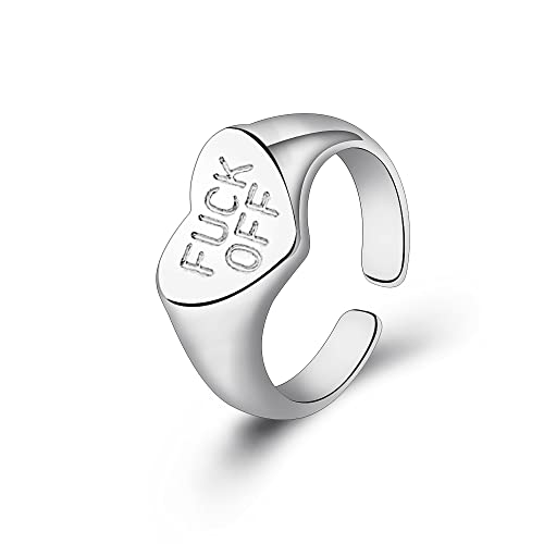 Personalized FUCK OFF Words Heart Ring Inspirational Finger Tail Ring Knuckle Expandable Adjustable Hypoallergenic Stacking Cool Dainty Fashion BFF