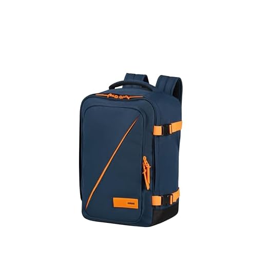 American Tourister Take2Cabin - easyJet Cabin Bag 36 x 20 x 45 cm, 38 L, 0.80 kg, Hand Luggage, Airplane Backpack M Underseater, Dark Navy/Radiant Orange, 40 x 25 x 20 cm, ryanair cabin bag