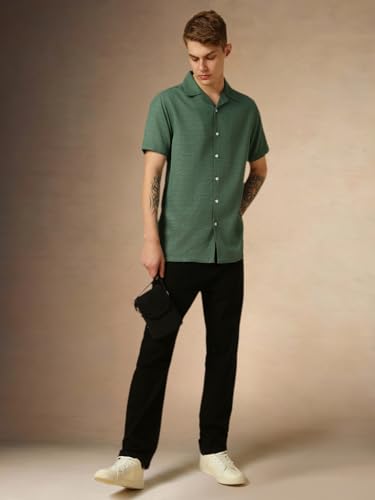 Image of Dennis Lingo Men's Half Sleeve Cuban Collar Solid Textured Relaxed Fit Casual Shirt