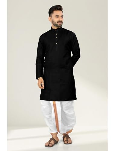 Image of UNIQUE MOMENTS Men's Cotton Dhoti Kurta Set with Full Sleeves Solid Pattern Modern Style and Mandarin Collar Neck | Perfect for Puja & Celebrations