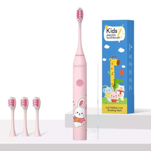 Image of Ausha Pink Rabbit Kids Electric Toothbrush with 3 Extra Heads with Soft DuPont Bristles, Rechargeable, Cartoon Design, Smart Timer, 5 Modes,Waterproof Tooth Brush for Children (Ages 3-12)