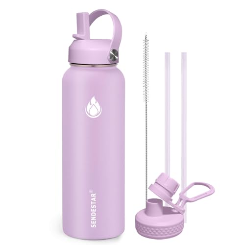 Image of SENDESTAR Water Bottle 40oz Double Wall Vacuum Insulated Leak Proof Stainless Steel Sports Water Bottle-Wide Mouth with New Flex Straw Lid & Spout Lid (lilac)