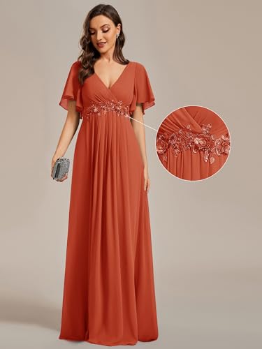 Image of Ever-Pretty Womens V Neck Applique Mother of the Bride Dresses Formal Dress | Chiffon, Short Sleeves, Ruched, A-Line, Bridesmaid Dresses, Formal Gown, Black Tie Dress