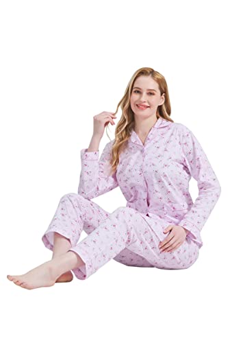 Image of GLOBAL Women Cotton Pajamas Long Sleeve PJs Button Down Sleepwear S-3XL