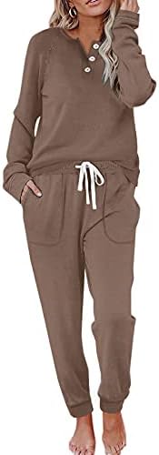 WIHOLL Two Piece Outfits for Women Autumn, V Neck Sweatshirts Tracksuit Khaki XL