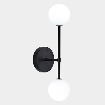 BOKT Mid Century Modern Wall Sconce Black 2-Light Globe Wall Sconce Lighting Indoor Hardwired White Glass Bathroom Wall Lamp Minimalist Vintage Long Wall Light