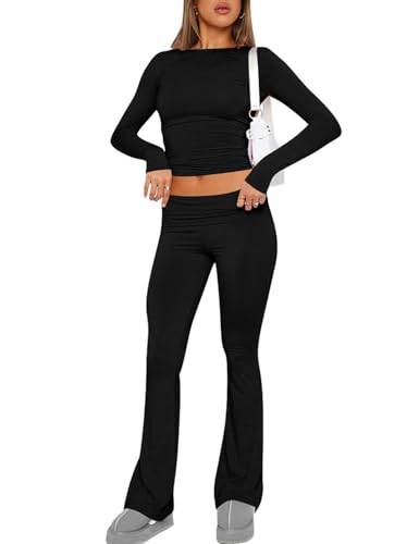 ABINGOO Tuta da Donna Casual 2 Pezzi a Maniche Lunghe Aderente Crop Top Svasati a Vita Bassa Pantaloni Lounge Set Yoga Tuta(Nero,L)