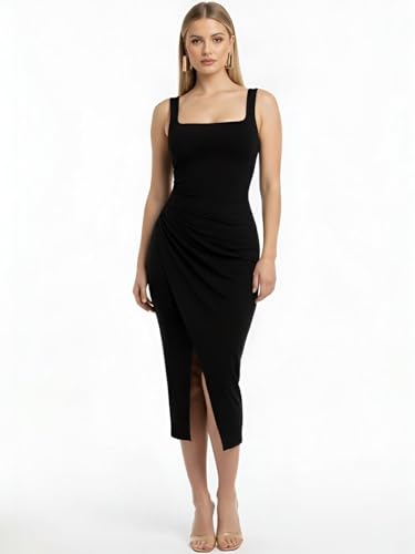 Image of Women's Sleeveless Midi Dress, Square Neck, Ruched Side, Bodycon Style with Slit