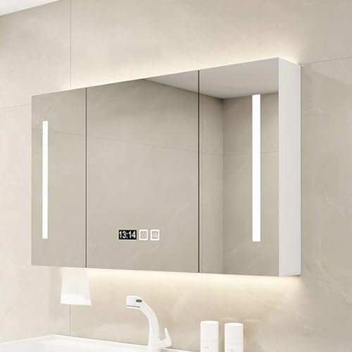 TSYORHSC Botiquín de Madera para Pared con desempañador, botiquines iluminados para baño con Luces LED y Almacenamiento, Espejo de tocador para baño con Luces de 3 Colores, Pantalla de Hora, Orificio
