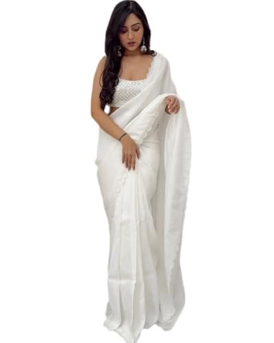 BE4ME.COM Ready to wear saree one min ready saree Pre draped pre-stitched sari with Unstitched Blouse (White 0)