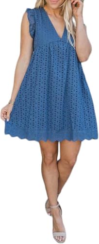 Image of Women's Summer Dress with Built in Shorts Sexy Summer V Neck Ruffle Sleeve Lace California Romper Dresses for Women