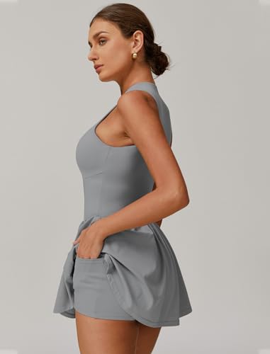 Women Sleeveless Zip Front Tennis Yoga Dresses Slim Fit Summer Built in Shorts Golf Athletic Dress with Pockets3