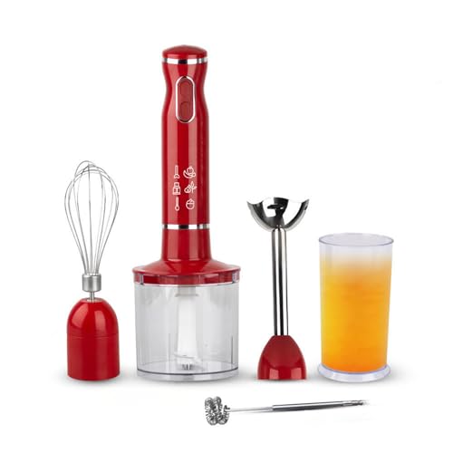 Batidora de Mano,800 W,Espumador de Leche,Incluye picadora 500 ml, Vaso Medidor 700 ml,Acero Inoxidable,Velocidad ajustable,Rojo