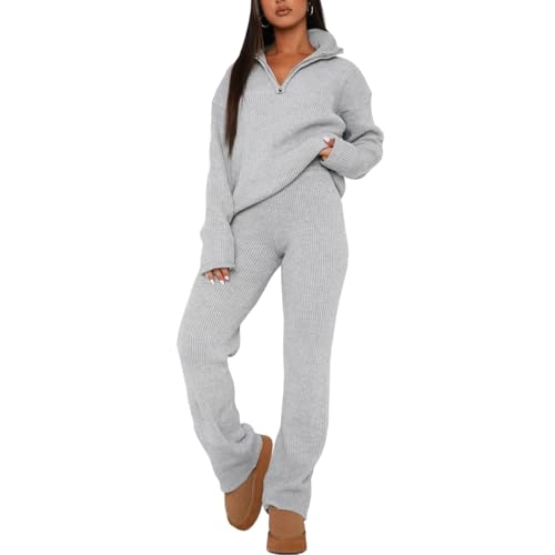 LANGWEI Gray,M,Women 2 Piece Outfits Sweatsuit Sweater Sets Oversized Knit