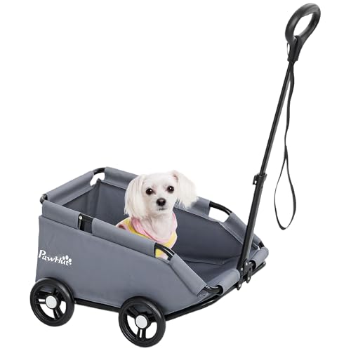 Passeggino per cani PawHut, carrozzina per cani pieghevole a 4 ruote, con asta di spinta regolabile, borsa per riporre gli oggetti, cuscino lavabile, per cani in miniatura fino a 4 kg, grigio