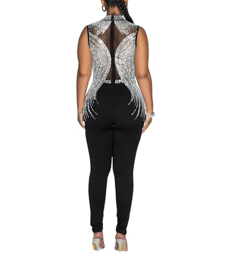 Image of Jigfar Women Sexy Embellished Rhinestone Bodycon Jumpsuit Mesh See Through Patchwork Birthday Party Night Out Clubwear