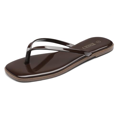 Image of Rihero Flip Flops for Women Comfortable Square Toe Beach Sandals Slip On Leather Thong Flat Sandals Dressy